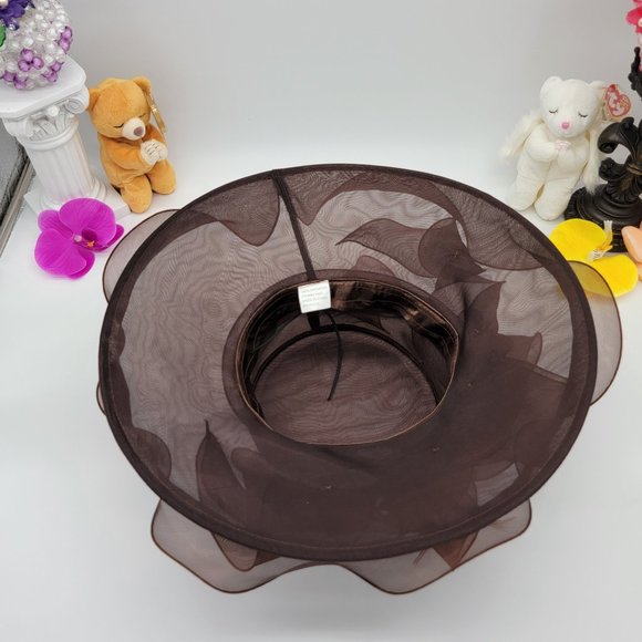Beautiful 15" Wide Rim Brown Organza Dress Hat - Picture 5 of 6